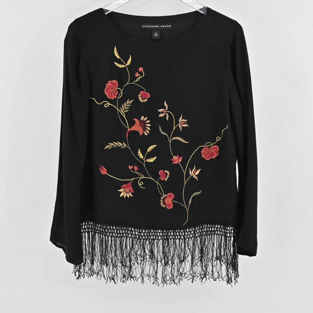 Josephine Chaus Womens Silk Top Size 8 Black Floral Embroidered Fringe Trim Boho